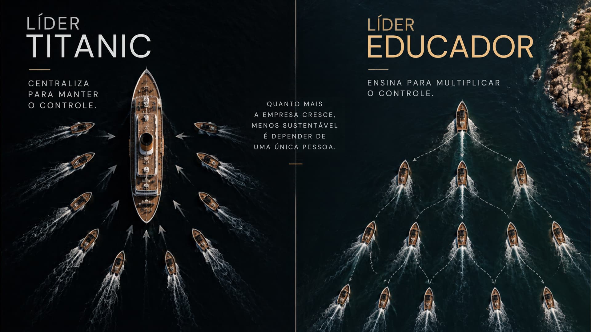 Slide da palestra: vista aérea de dois mares. À esquerda, Líder Titanic: um navio grande com lanchas presas a ele, centraliza para manter o controle. À direita, Líder Educador: lanchas avançando em formação, cada uma por conta própria, ensina para multiplicar o controle